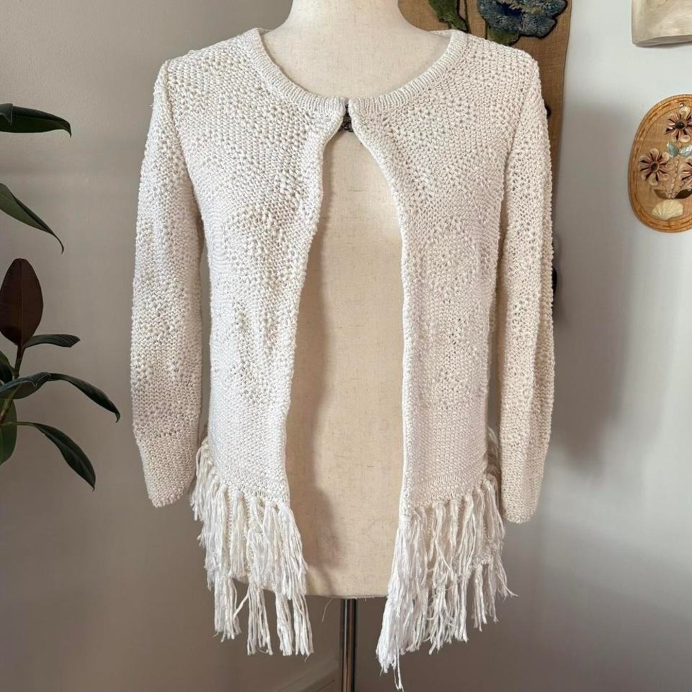 White Fringe Open Knit Cardigan